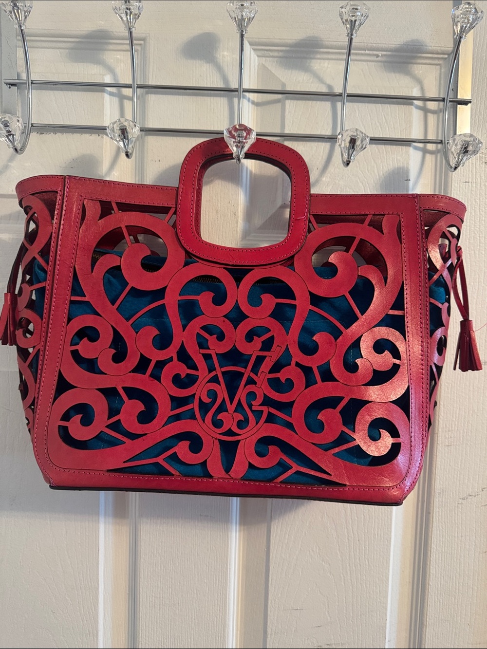 Red Laser-Cut Tote with Teal Interior